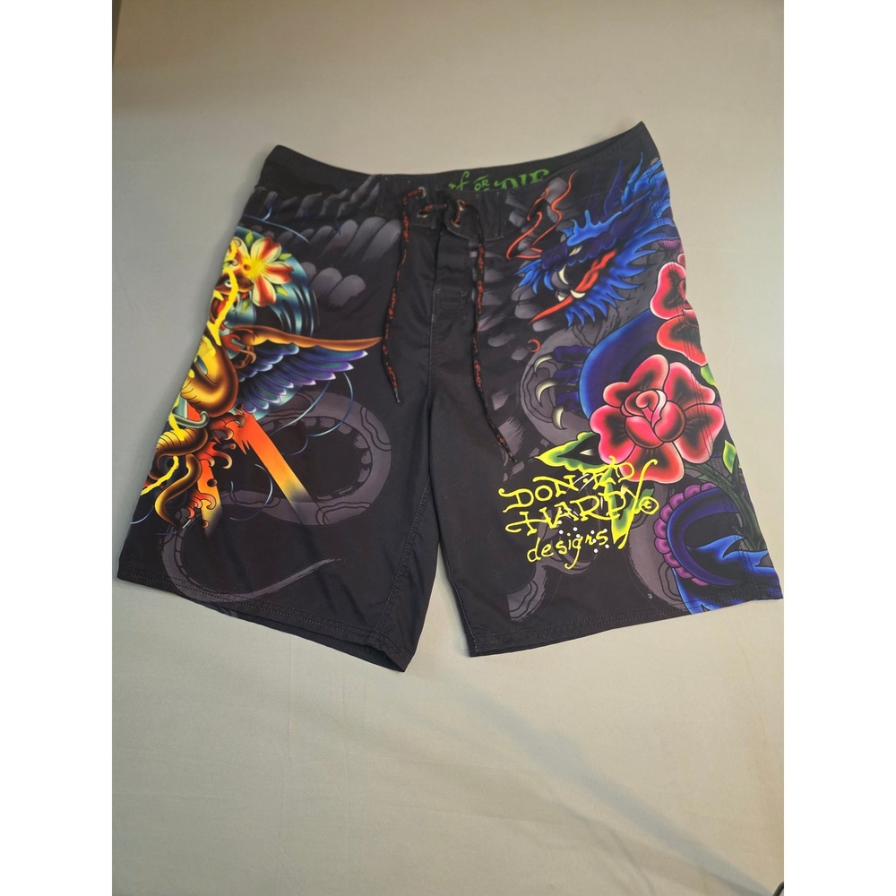Ed Hardy Mens Black Board Shorts Dragon Rose Tattoo Print Swim Trunks Size 38